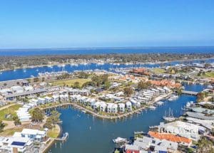 Aerial view of area surrounding Captains Cove Waterfront Apartments